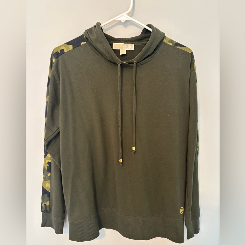 Michael Kors Womens Hoodie Sweatshirt Army Green Camouflage Sleeves